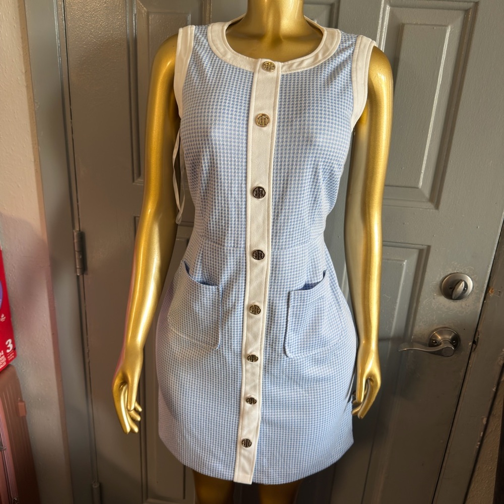 Tommy Hilfiger Light Blue and White Sleeveless Button-Front Mini Dress - Picture 5 of 5